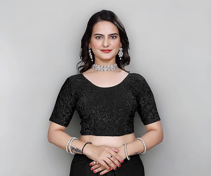 Women’s Non‑Padded Stretchable Readymade Saree Blouse – Round Neck, Half Sleeve, Pull‑On (42–44)