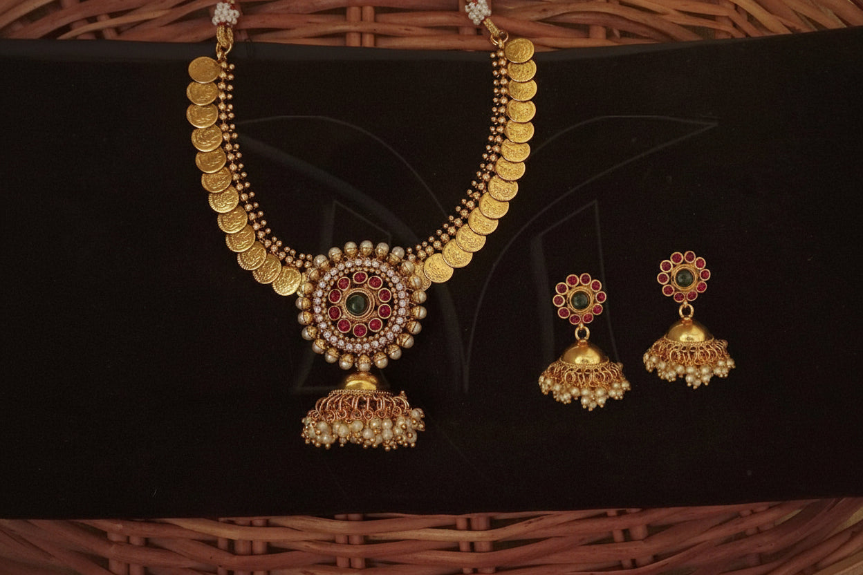 Temple Coin Jhumka Desgner Coin Necklace Set