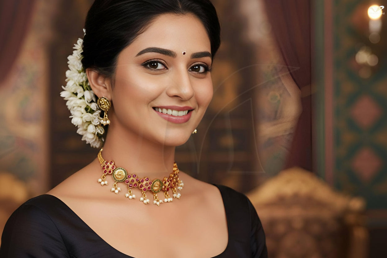 Traditional Temple Style Lakshmi Necklace Set with Earrings