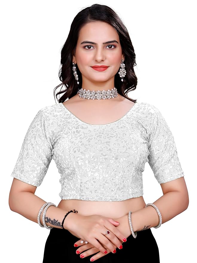 Women’s Non‑Padded Stretchable Readymade Saree Blouse – Round Neck, Half Sleeve, Pull‑On (42–44)