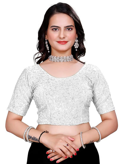Women’s Non‑Padded Stretchable Readymade Saree Blouse – Round Neck, Half Sleeve, Pull‑On (42–44)