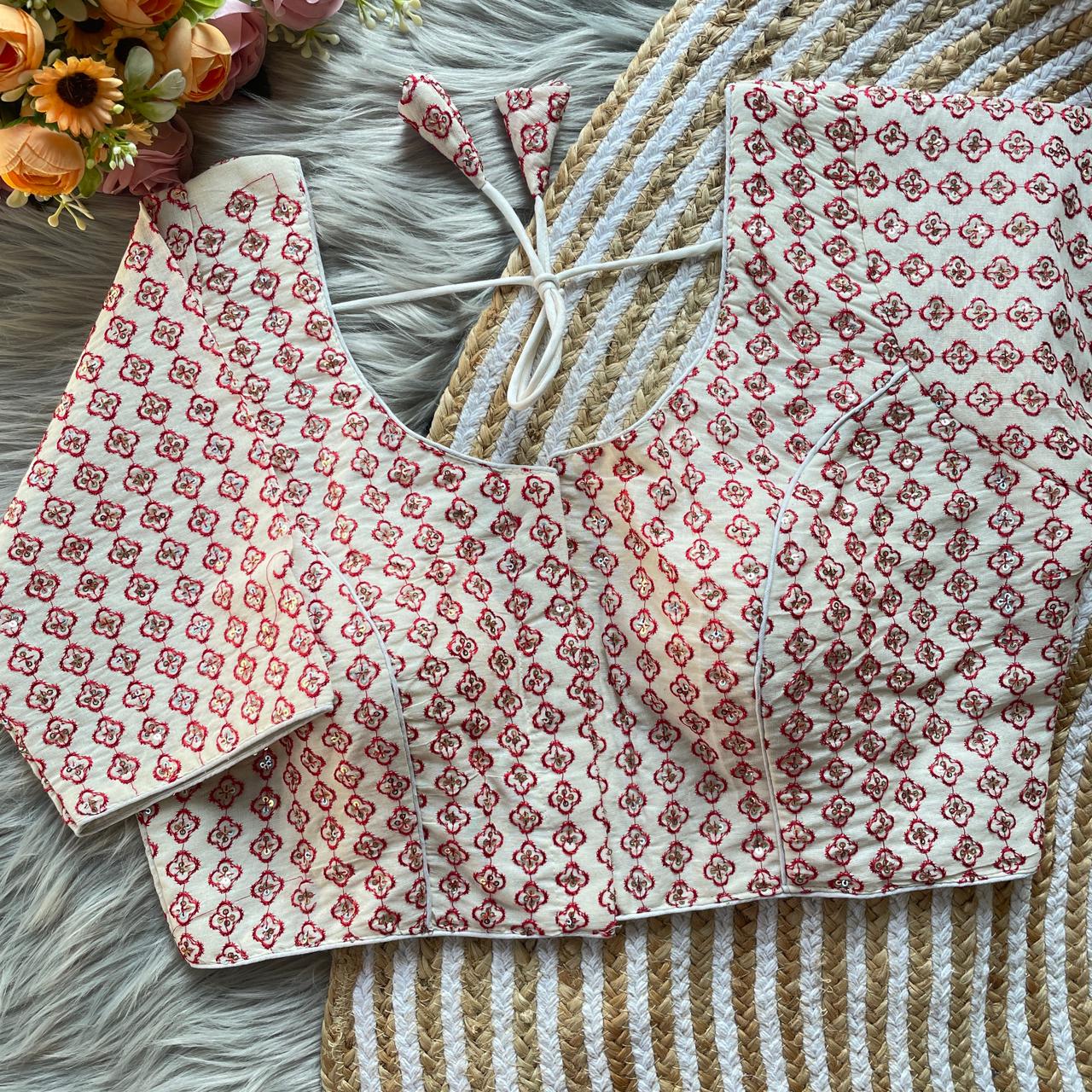 Pure Khadi Embroidered Blouse with Front Open Hook (Free Size 38–42)