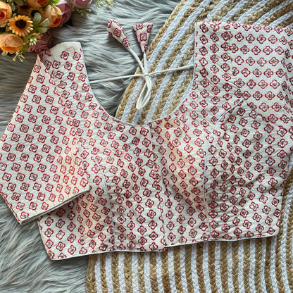 Pure Khadi Embroidered Blouse with Front Open Hook (Free Size 38–42)