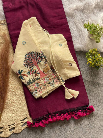 Wine Khadi Cotton Saree with Embroidered Blouse | Soft Khadi Saree Set | Stitched Blouse Size 40| Traditional Indian Saree (Copy) (Copy) (Copy)