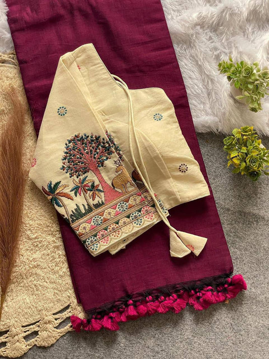 Wine Khadi Cotton Saree with Embroidered Blouse | Soft Khadi Saree Set | Stitched Blouse Size 40| Traditional Indian Saree (Copy) (Copy) (Copy)