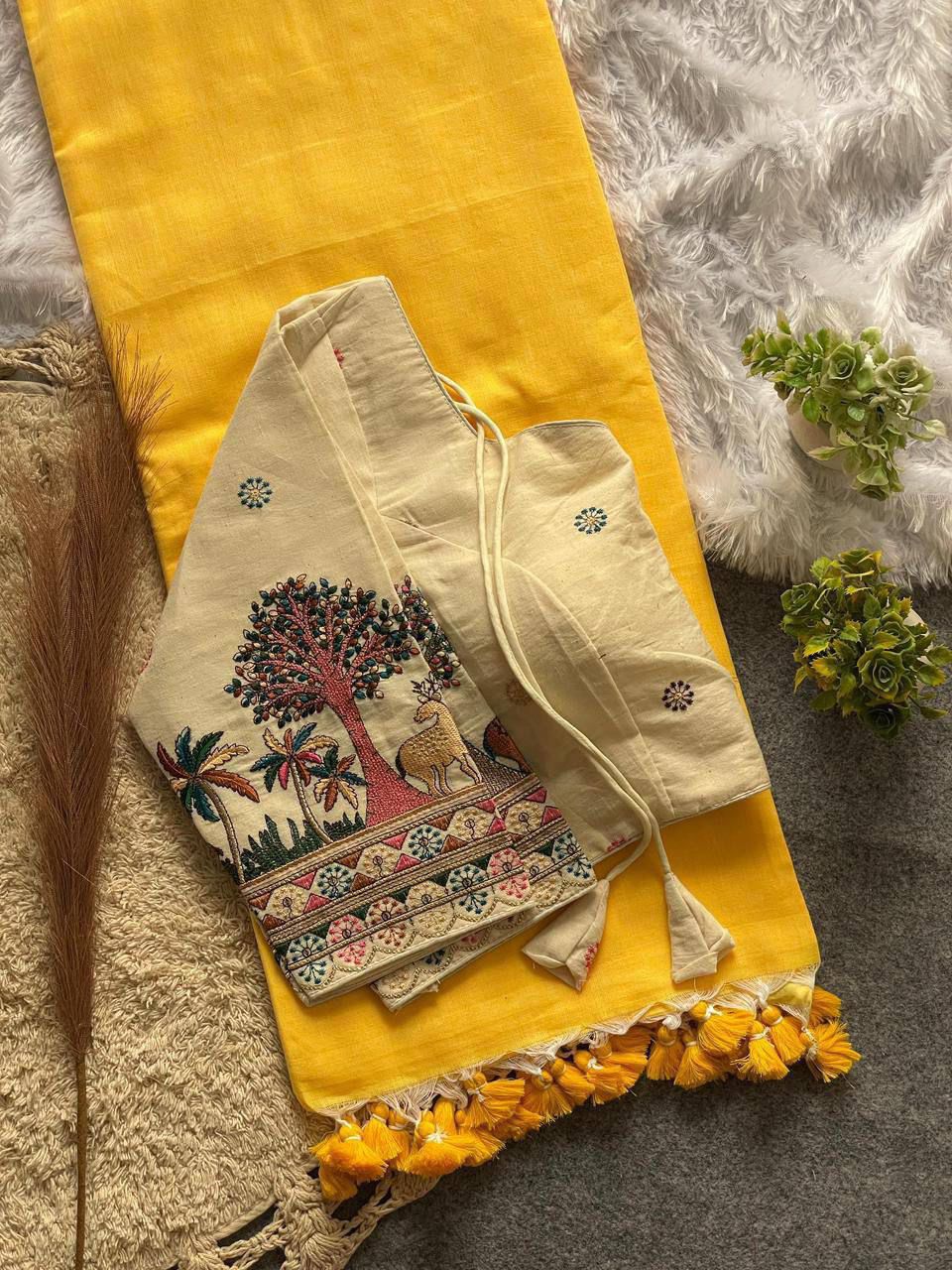 Yellow Khadi Cotton Saree with Embroidered Blouse | Soft Khadi Saree Set | Stitched Blouse size 44 | Traditional Indian Saree